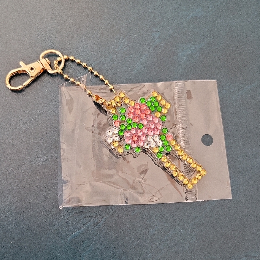 Gold-Tone Cross Key & Card Holder Charm with Pink and Green Rhinestones